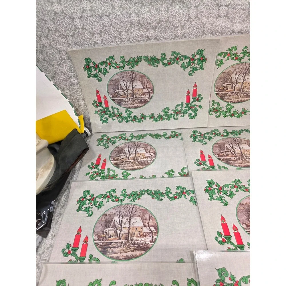 8 Vintage Christmas Placemats Winter Scene Holly‎ Candle Decor Currier & Ives